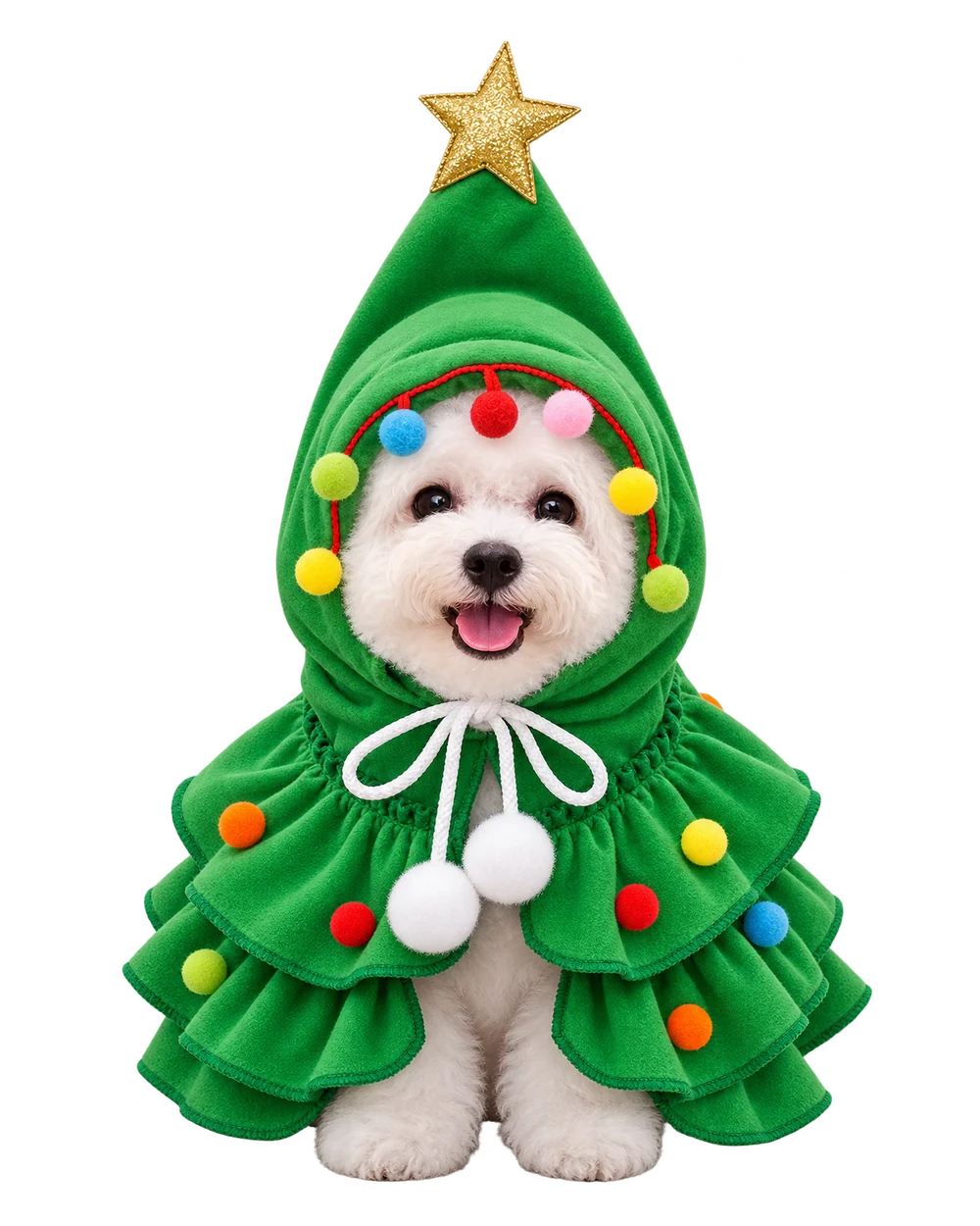 White Maltese in the green Christmas tree costume