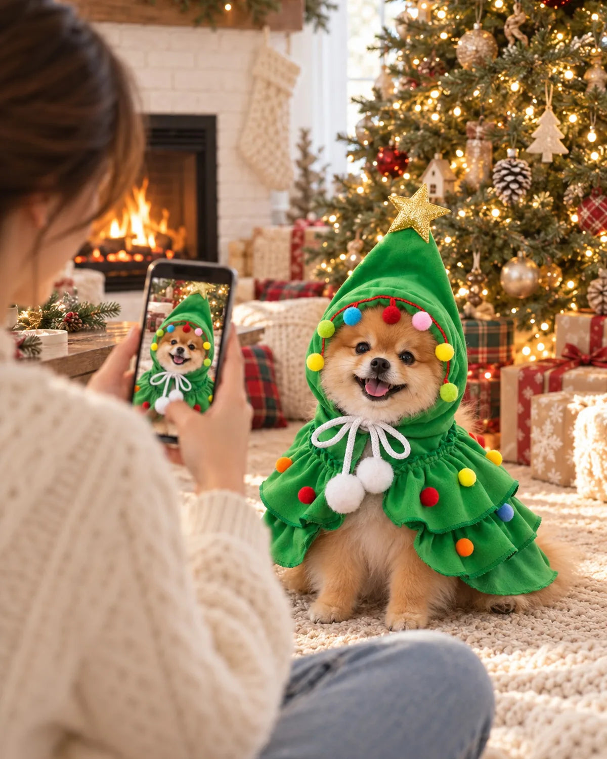 A woman photographs her Pomeranian in the green Christmas tree costume by the tree on Christmas morning