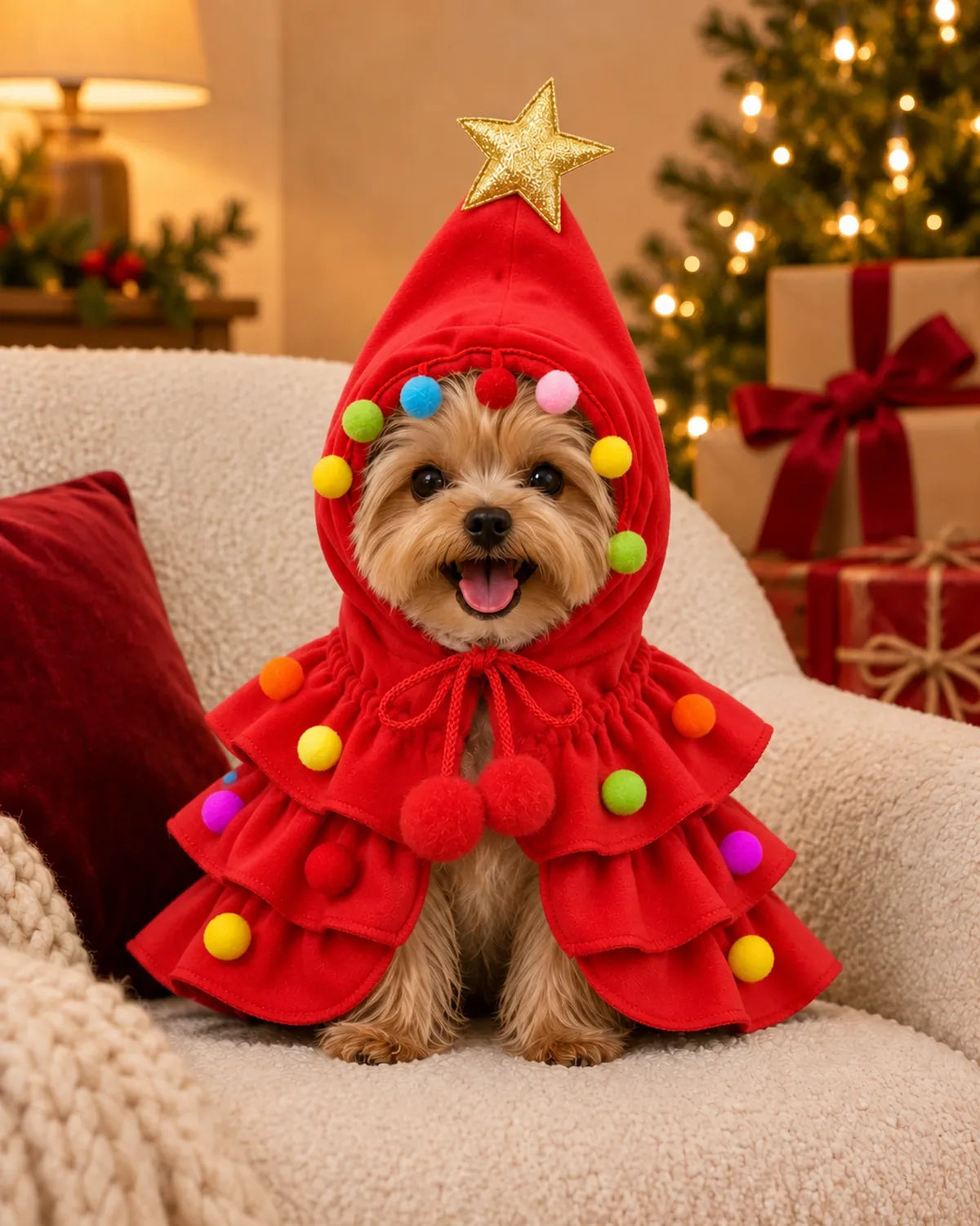 Yorkshire terrier in the red Christmas tree costume with a red pom-pom bow, sitting on a cream armchair