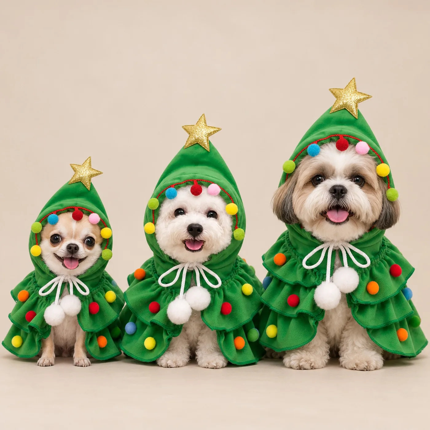 Three small dogs in the green Christmas tree costume in sizes S, M and L: a Chihuahua, a Maltese and a Shih Tzu