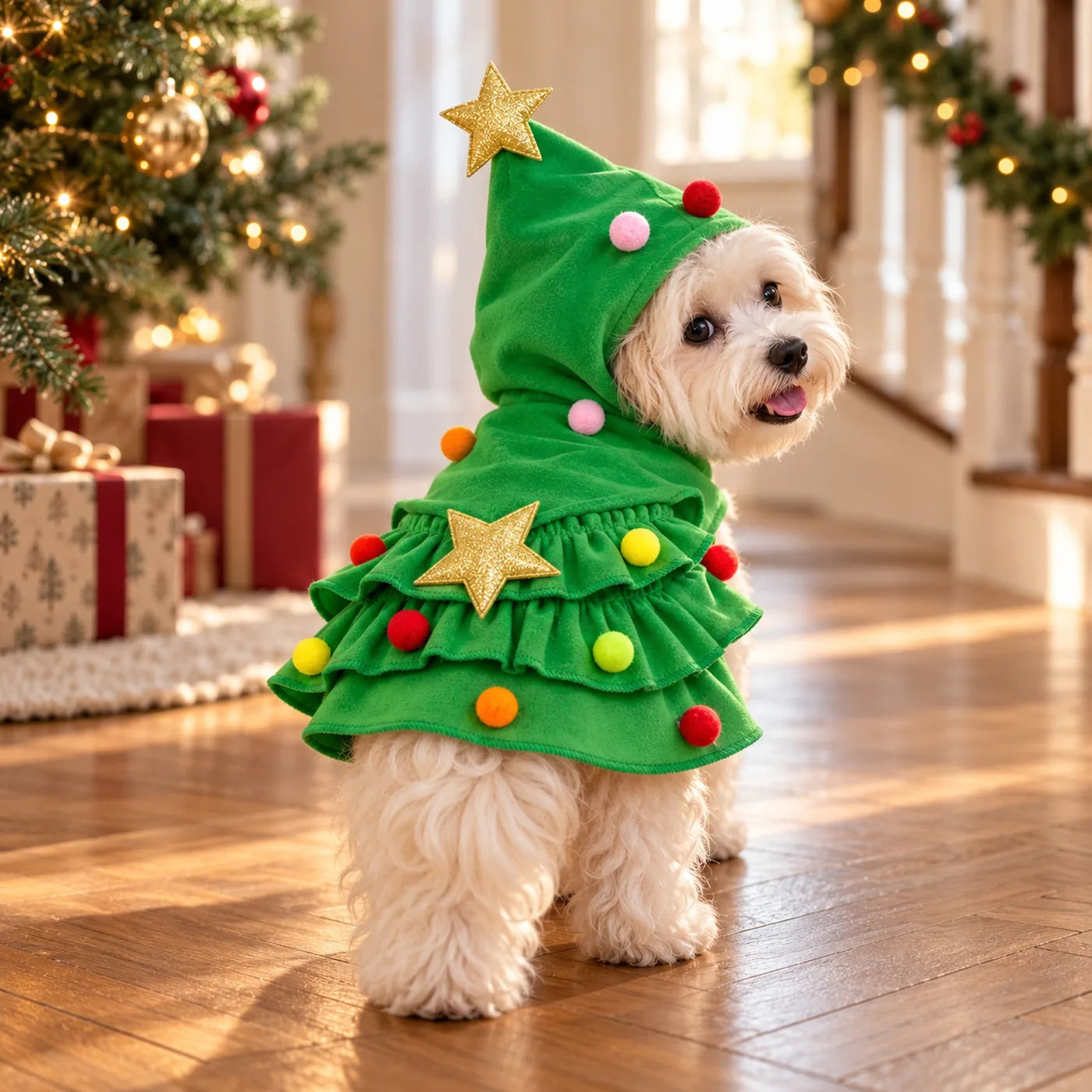 Back of the green Christmas tree costume on a small dog: gold star between the ruffles and pom-poms on the tiers