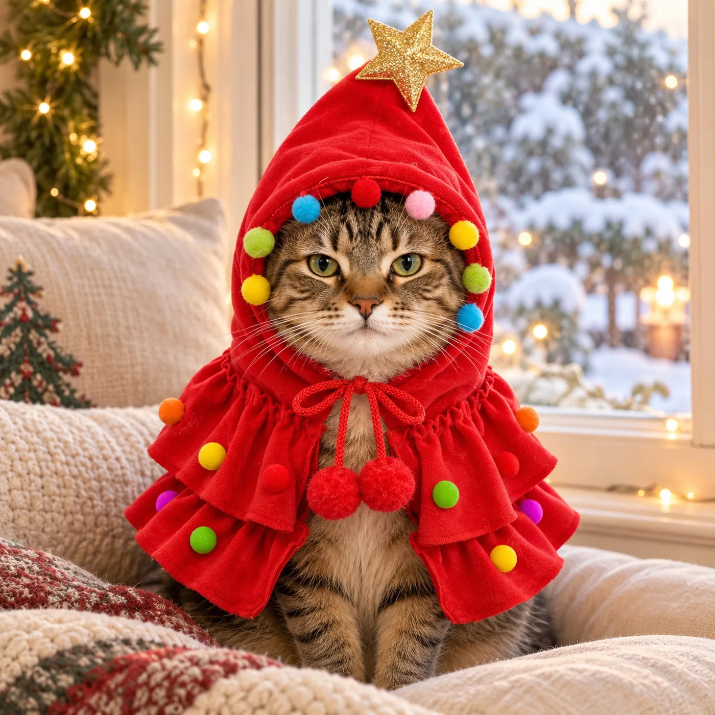 Tabby cat on a snowy window seat wearing the red Christmas tree costume