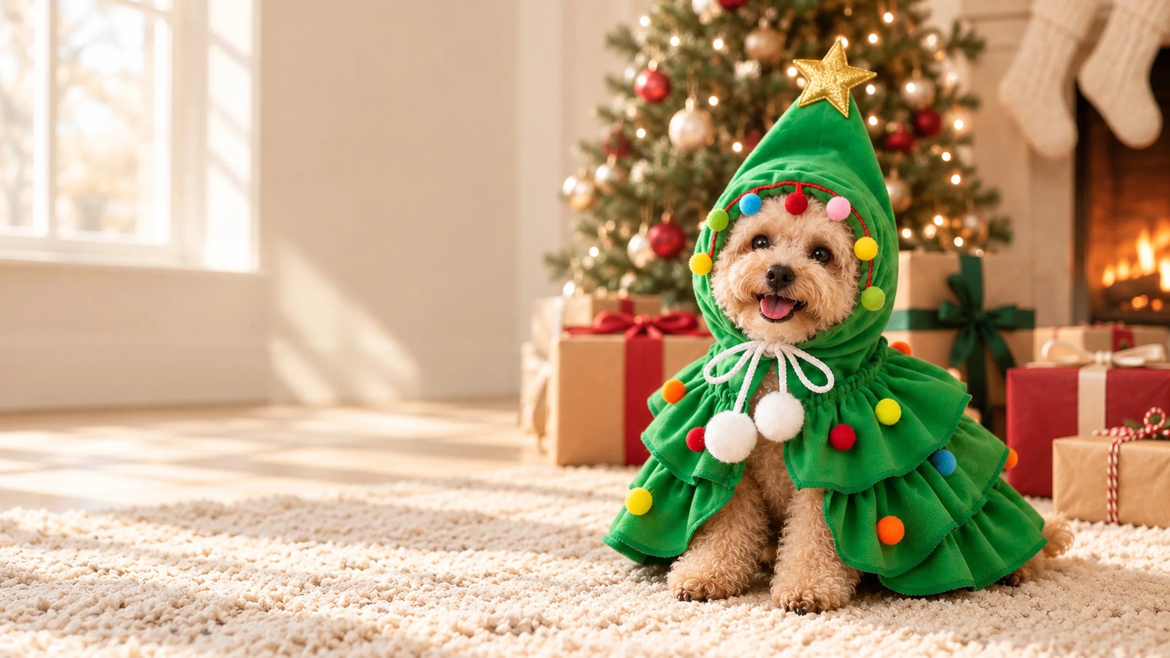 Apricot toy poodle in the green Christmas tree costume sitting among wrapped presents by the tree and the fire on Christmas morning