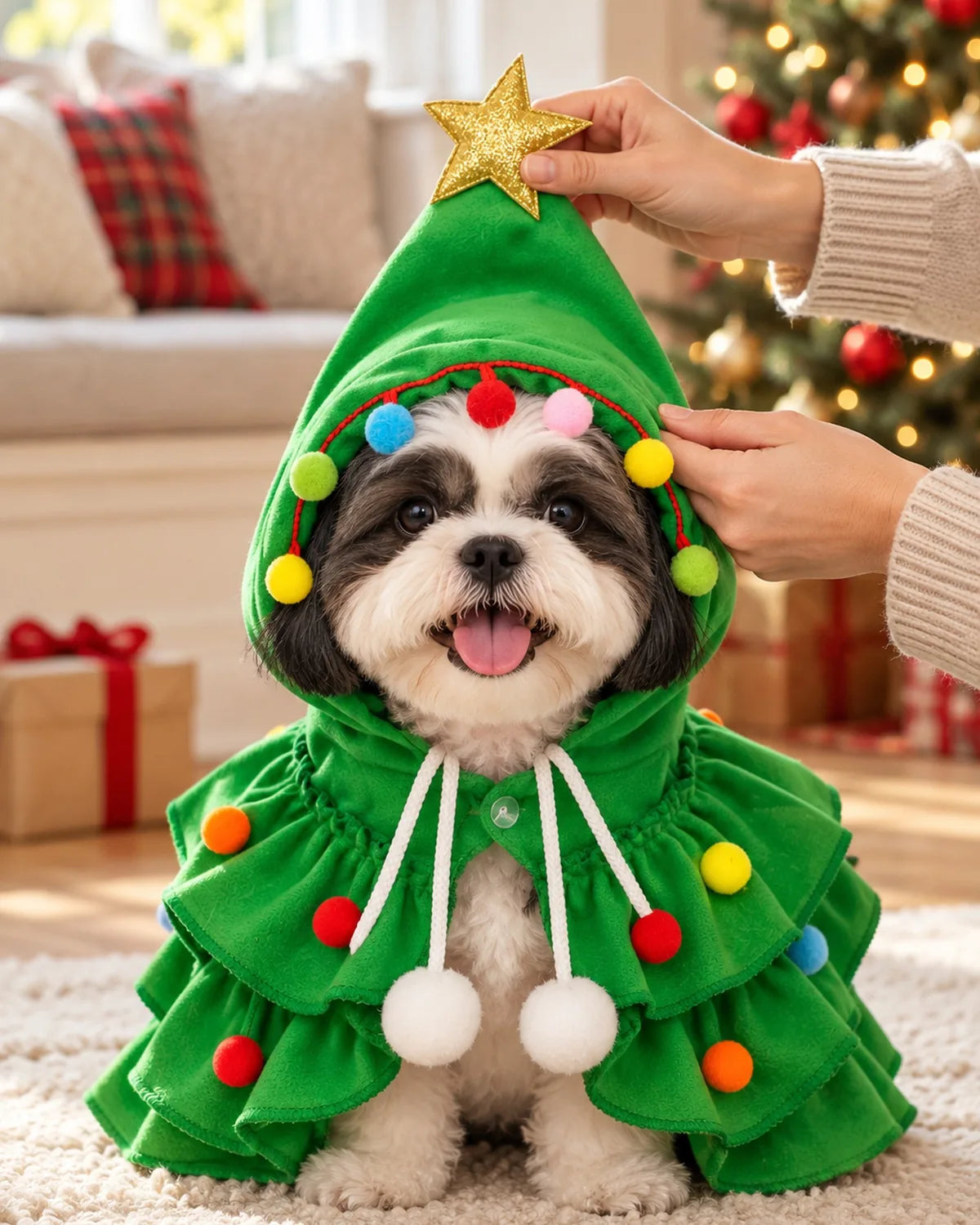 Hands lifting the green Christmas tree costume's star-topped hood over a Shih Tzu's head