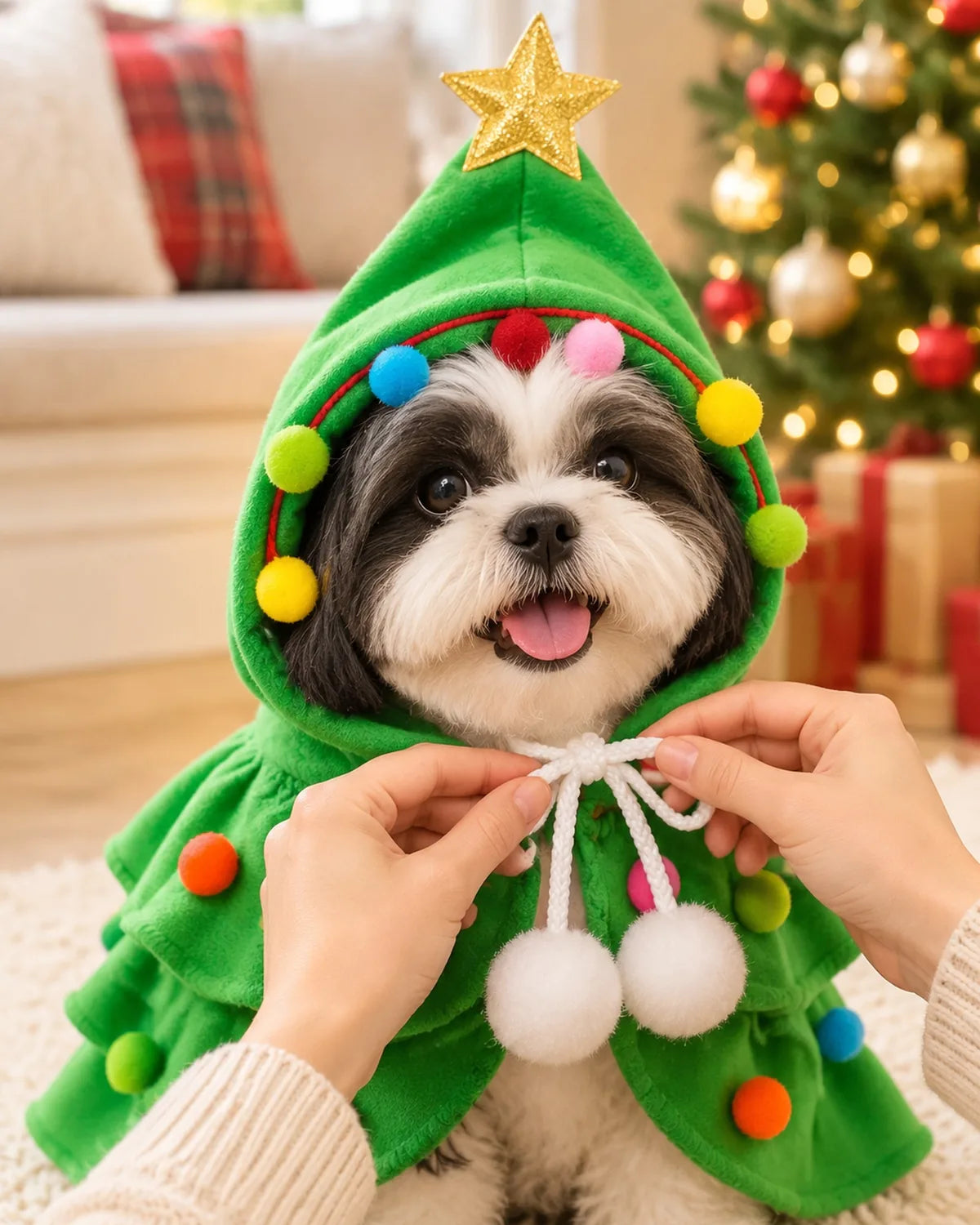 Hands tying the white pom-pom cord into a bow under a Shih Tzu's chin