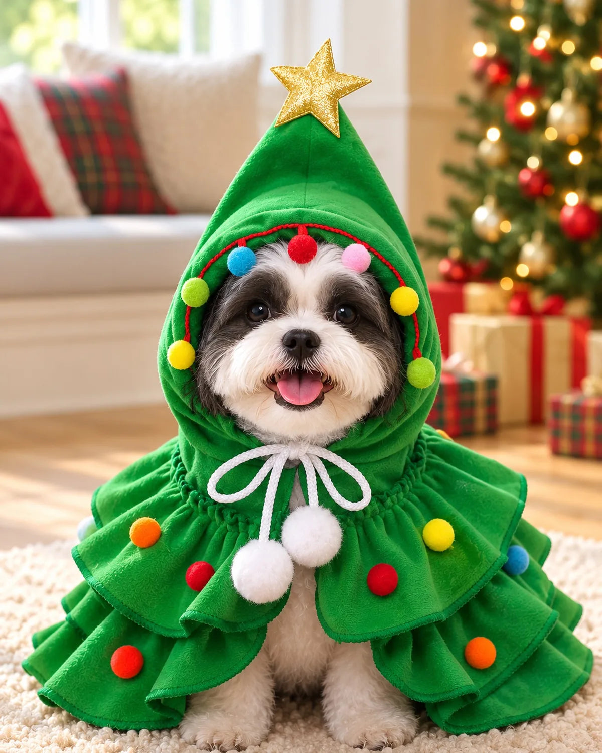 Shih Tzu sitting proudly in the finished green Christmas tree costume in a sunlit reading nook