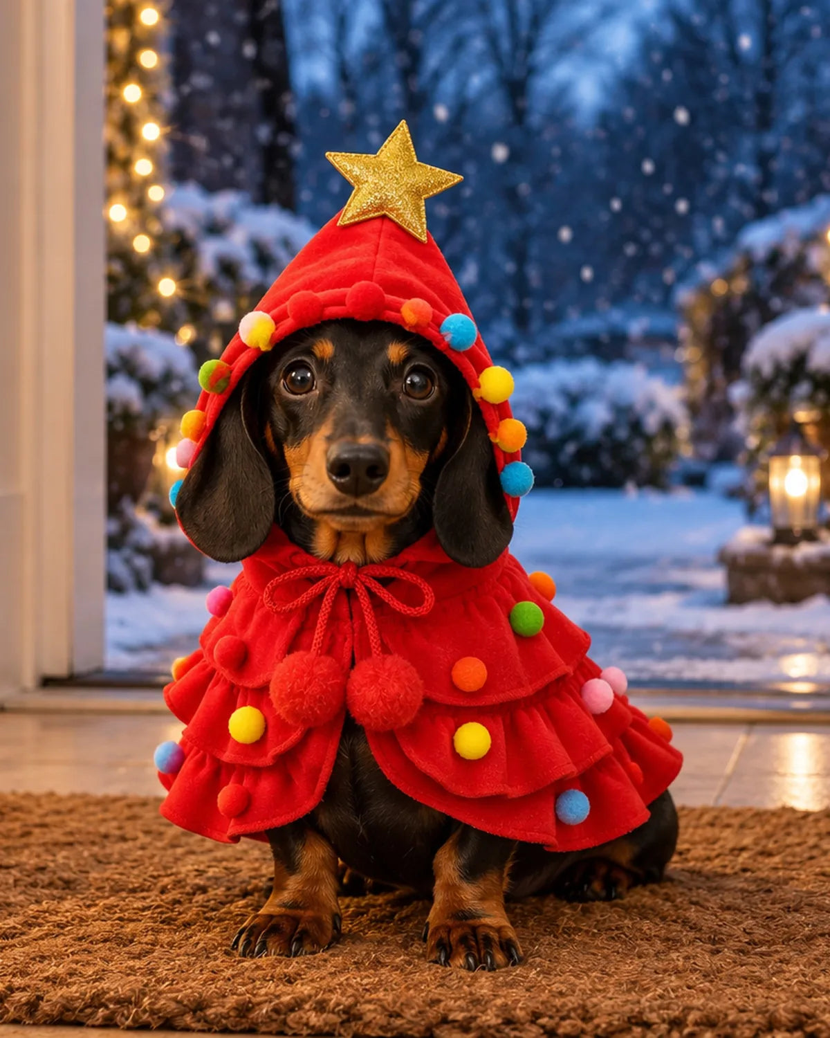 Miniature dachshund in the red Christmas tree costume sitting inside an open front door on a snowy Christmas Eve