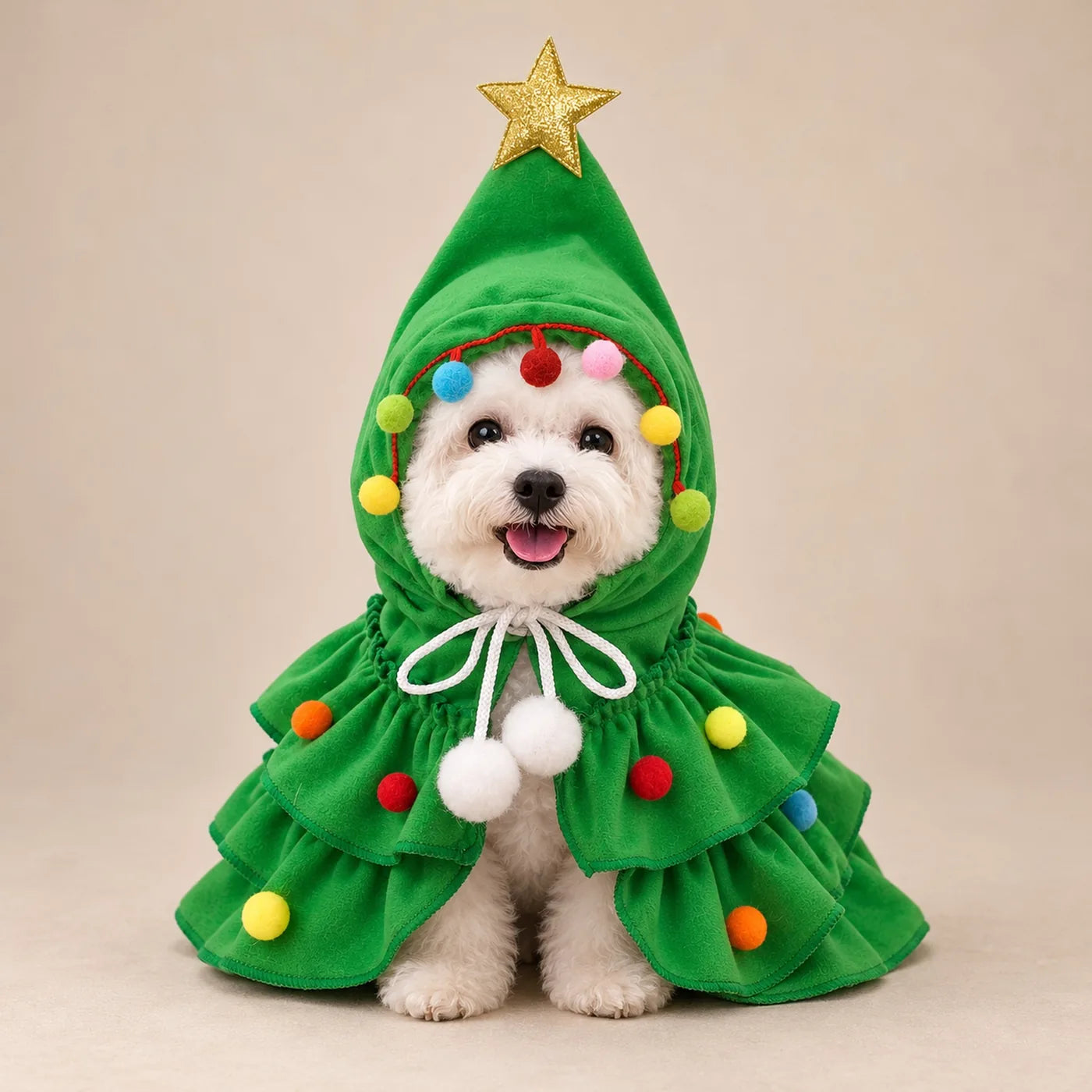 White Maltese sitting in the green Pine Pup Christmas tree costume: velvet hood with a gold star, multicolour pom-poms, a white pom-pom bow and tiered ruffles