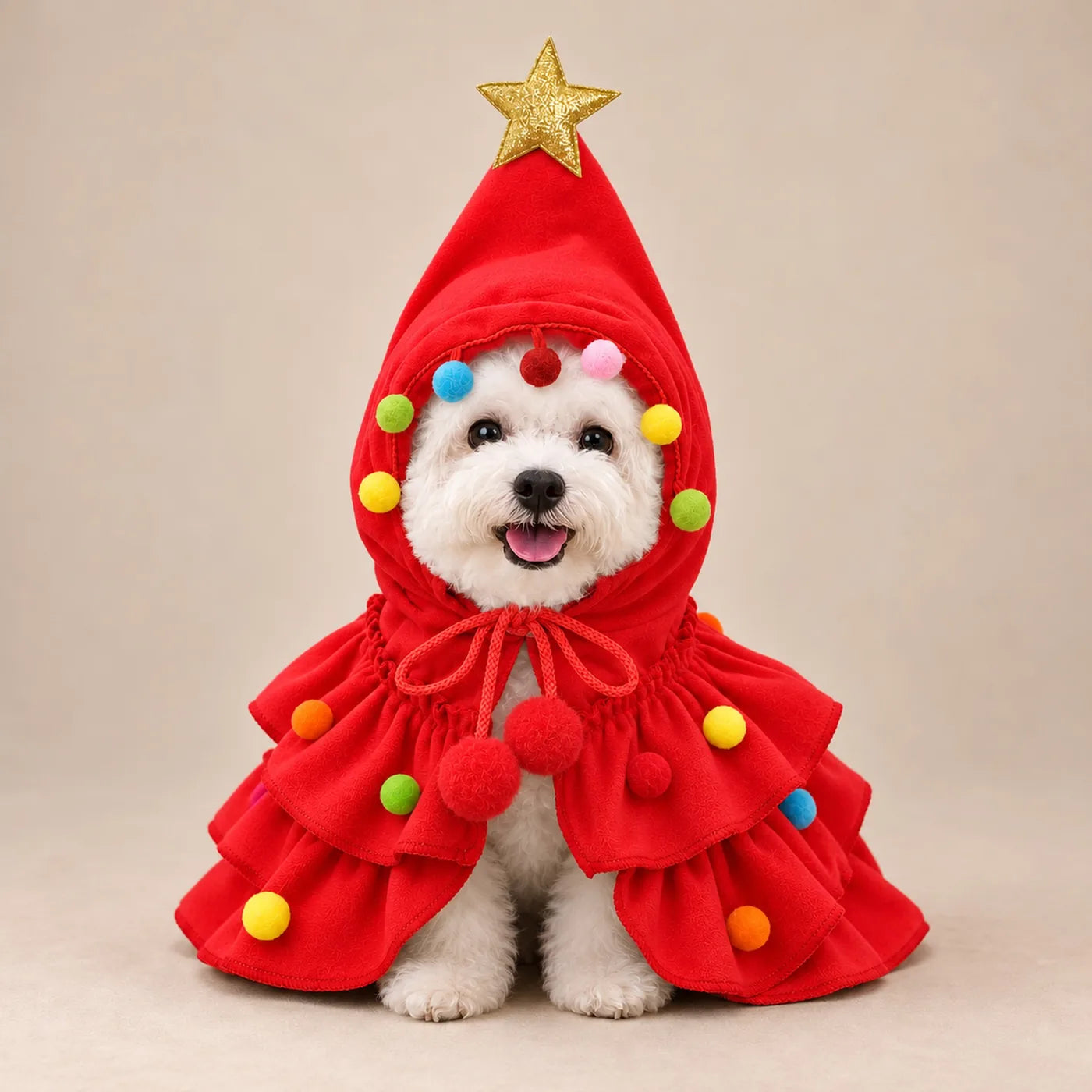 White Maltese in the red Pine Pup Christmas tree costume: gold star on the hood, multicolour pom-poms and a red pom-pom bow