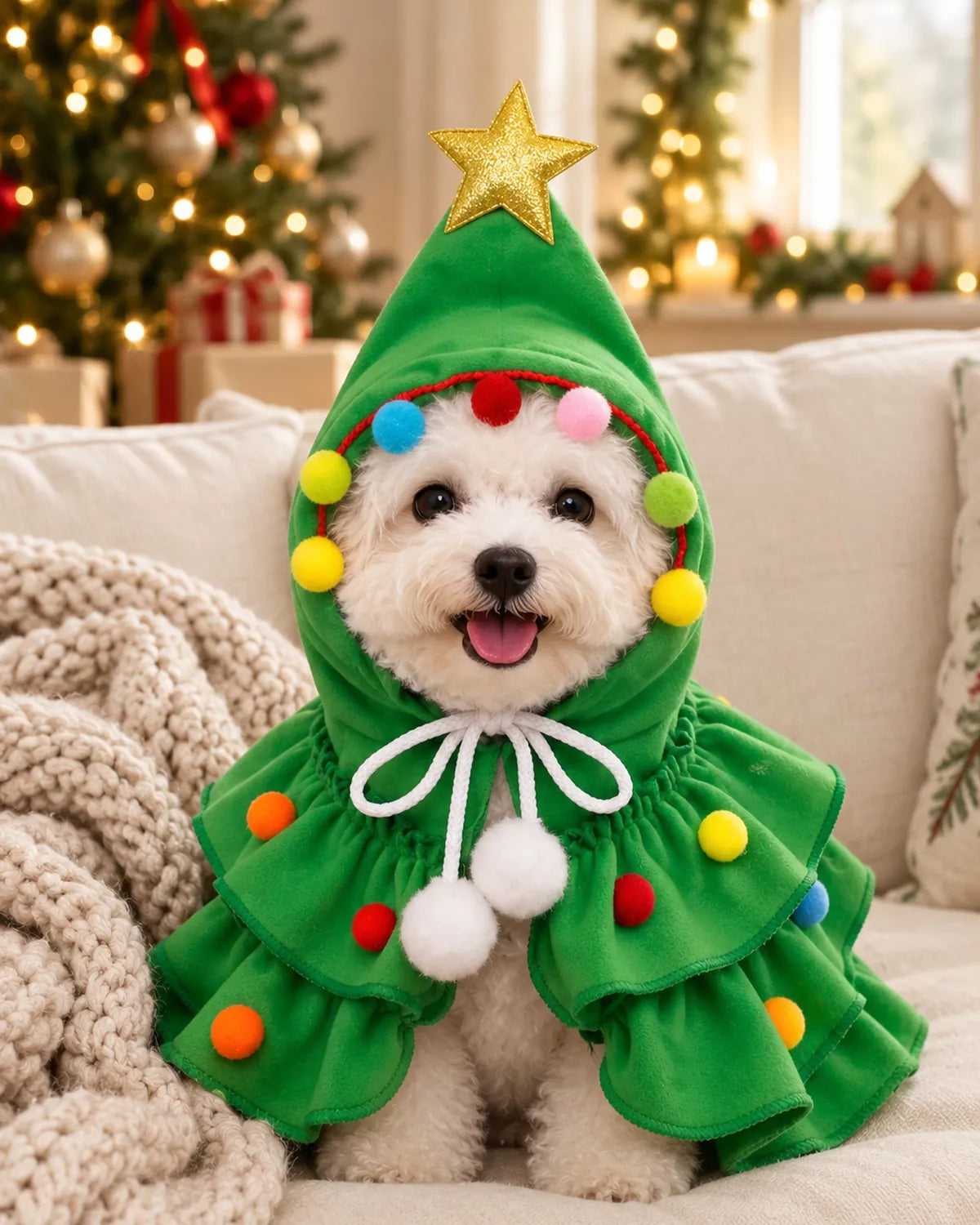 Maltipoo puppy revealed in the green Christmas tree costume on a sofa, the knit throw just pulled away