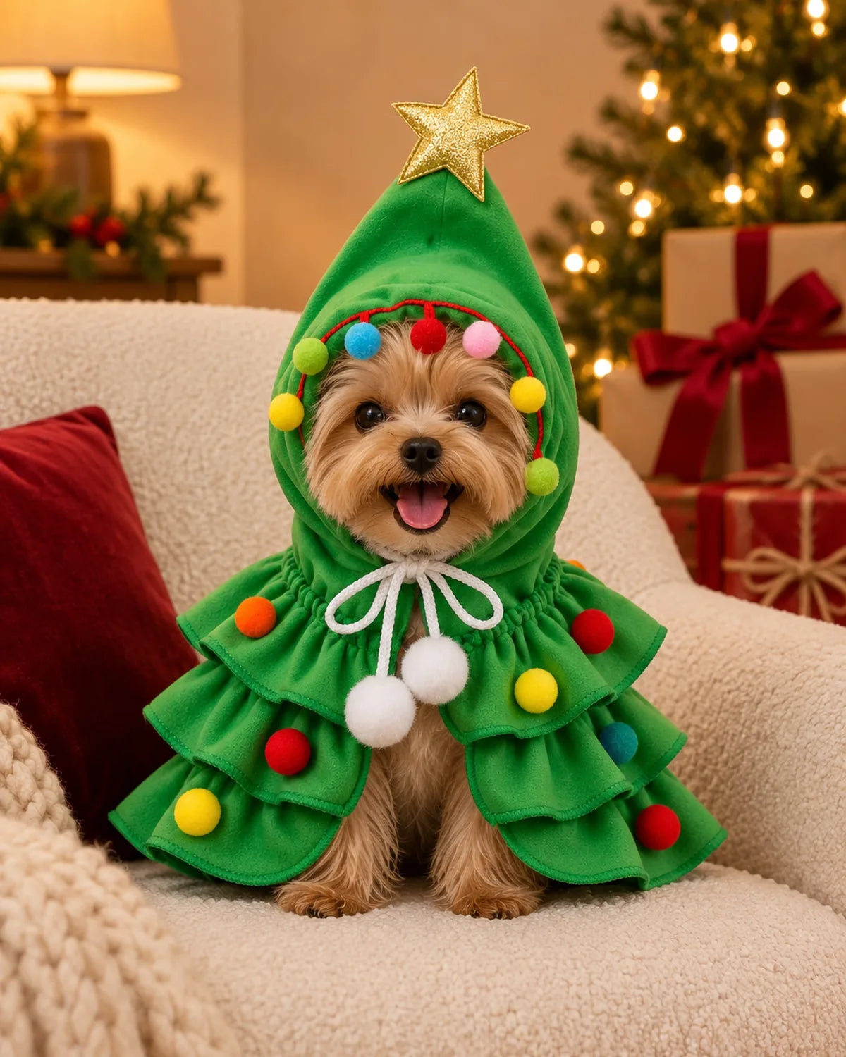 Yorkshire terrier in the green Christmas tree costume with a white pom-pom bow, sitting on a cream armchair